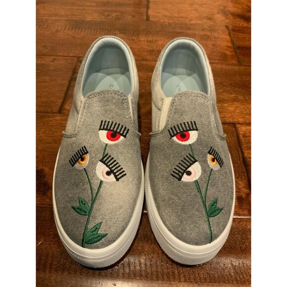 Chiara Ferragni Gray Slip-On Sneakers W/ Embroidered Flowers, Size 34 (EU) - Picture 1 of 11